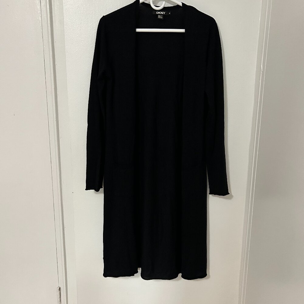 Vintage DKNY Black 100% wool Long pocket knit Cardigan sweater womens M Career